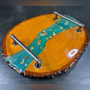 Handcrafted Wooden Epoxy Resin Serving Tray with Teal River Pebbled Design